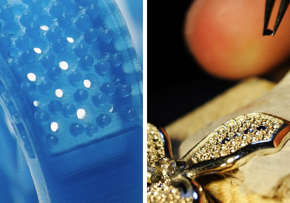 An investment pattern of a ring with micro-pavé settings 3D printed with BlueCast Original on the left and a final ring casted with gold on the right.